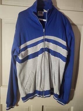 Vintage Men's Blue and Gray Zip-Up Sweater Jacket